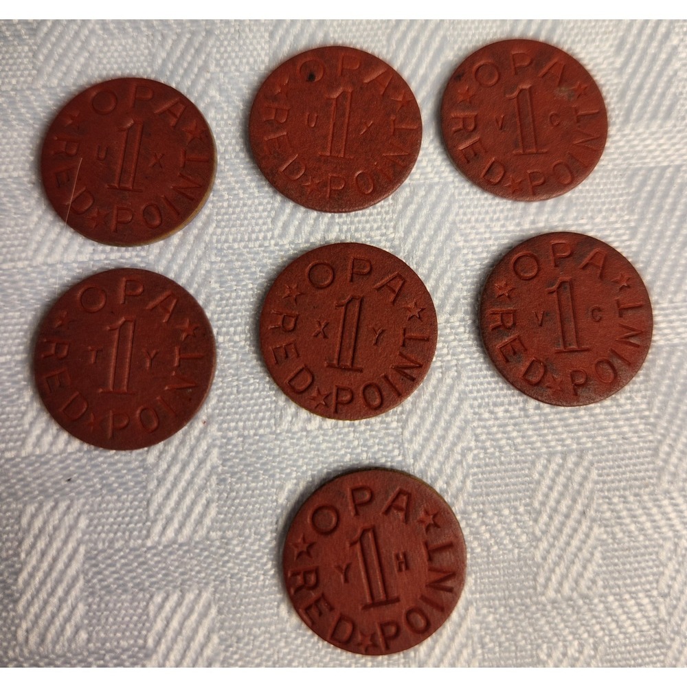 7 Red Point OPA Tokens 1942-1945 WW2 US Food Ration Tokens